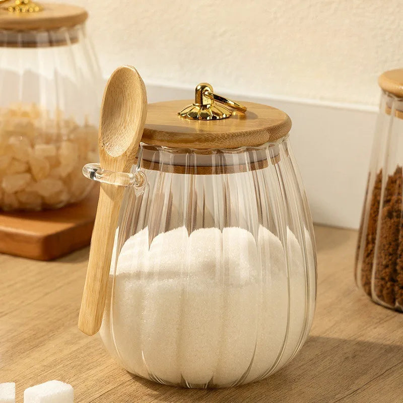 sealed glass jar with spoon and lid Clear Spice jar Small food storage container Sugar jar Tea jar Kitchen coffee jar