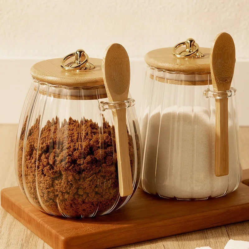 sealed glass jar with spoon and lid Clear Spice jar Small food storage container Sugar jar Tea jar Kitchen coffee jar