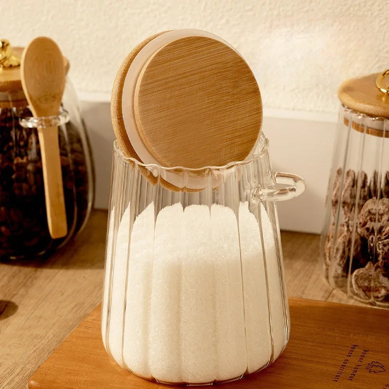 sealed glass jar with spoon and lid Clear Spice jar Small food storage container Sugar jar Tea jar Kitchen coffee jar